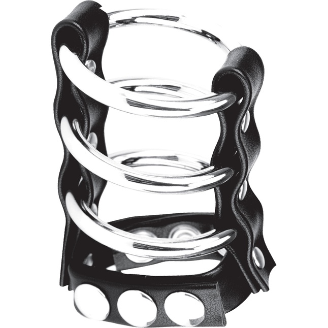 Тройное металлическое кольцо на пенис с регулируемым ремешком. Фотография 2.