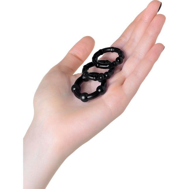 Набор из 3 черных силиконовых эрекционных колец разного размера. Фотография 2.