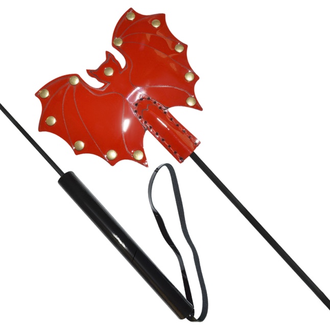 Стек с красным лаковым кожаным шлепком в виде летучей мыши - 60 см - BDSM accessories. Фотография 2.