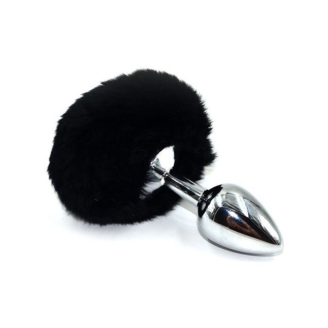 Серебристая округлая анальная пробка с заячьим хвостиком черного цвета - 11,5 см - Kanikule anal plugs