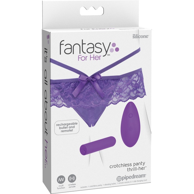 Фиолетовые трусики с вибропулей и пультом Crotchless Panty Thrill-Her - Fantasy For Her. Фотография 9.