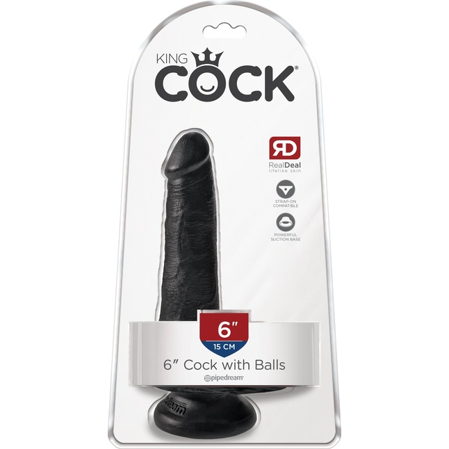 Черный фаллоимитатор с мошонкой и присоской 6 Cock with Balls - 17,8 см - King Cock. Фотография 6.