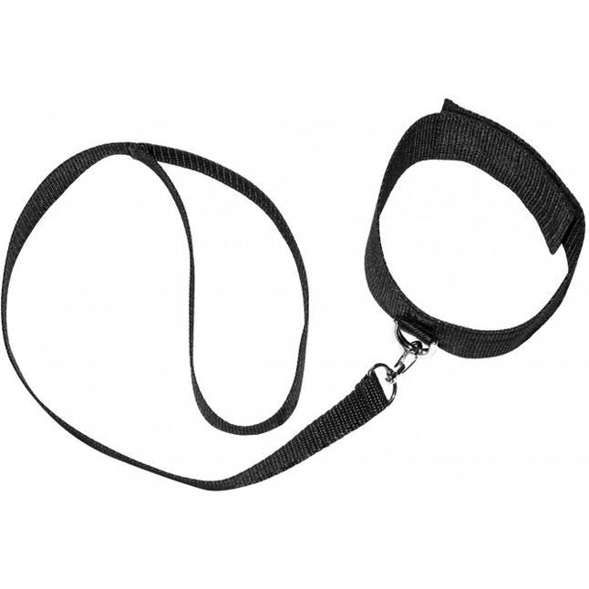Черный ошейник с отстегивающимся поводком на карабине - BDSM. Фотография 4.