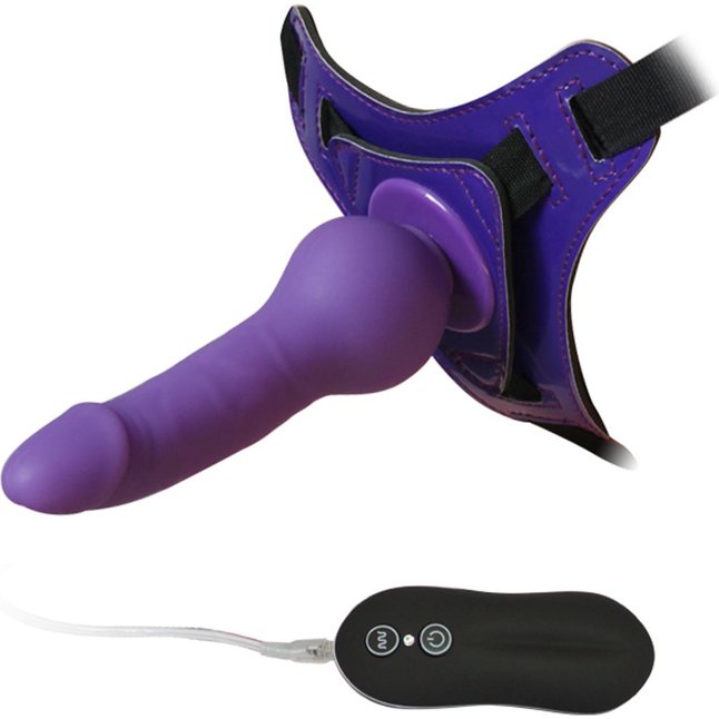 Фиолетовый страпон 10 Mode Vibrations 6.3 Harness Silicone Dildo - 15,5 см