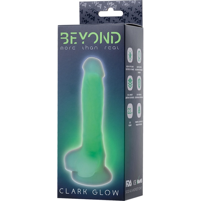 Прозрачно-зеленый фаллоимитатор, светящийся в темноте, Clark Glow - 22 см - Beyond. Фотография 8.