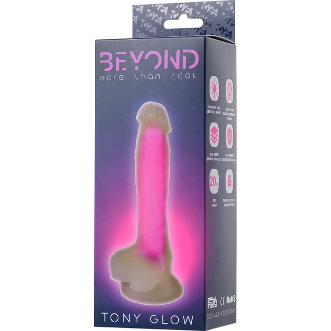 Прозрачно-розовый фаллоимитатор, светящийся в темноте, Tony Glow - 20 см - Beyond. Фотография 3.