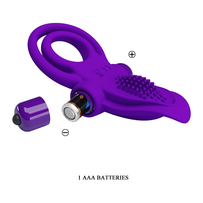 Фиолетовое силиконовое эрекционное кольцо с вибрацией и подхватом мошонки - Pretty Love. Фотография 6.