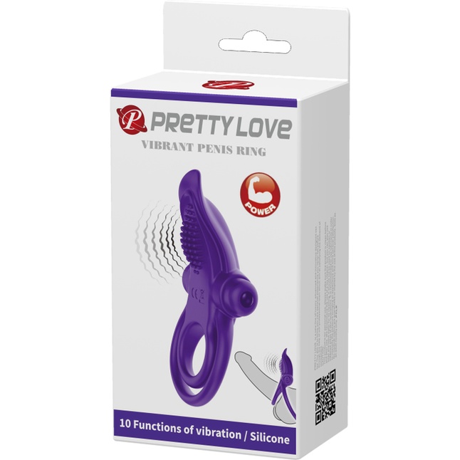 Фиолетовое силиконовое эрекционное кольцо с вибрацией и подхватом мошонки - Pretty Love. Фотография 7.