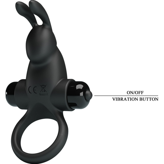 Черное эрекционное кольцо с выступом-зайчиком для стимуляции клитора - Pretty Love. Фотография 6.