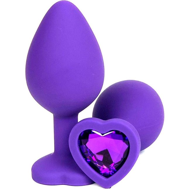 Фиолетовая силиконовая анальная пробка с фиолетовым стразом-сердцем - 8 см