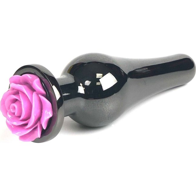Черная удлиненная анальная пробка с фиолетовой розой - 12,5 см