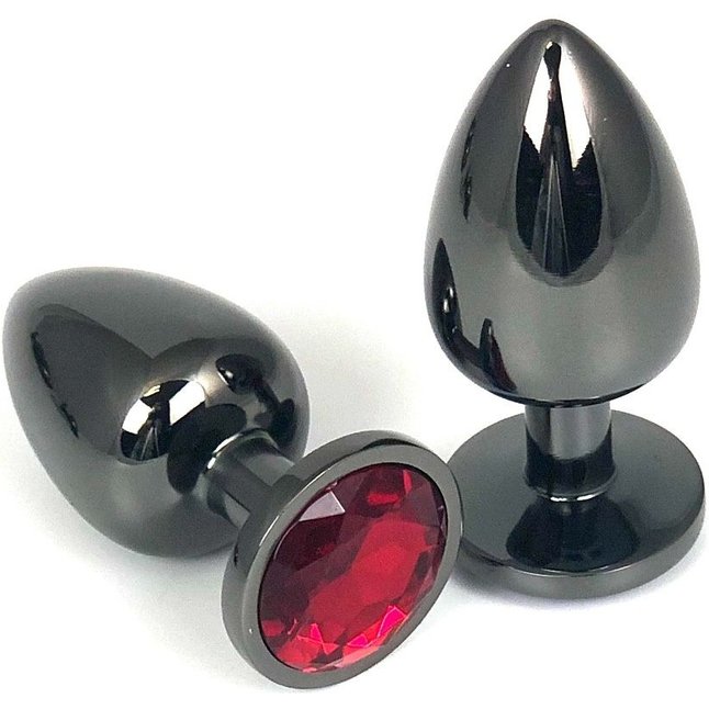 Черная металлическая анальная пробка с красным стразом - 6,5 см
