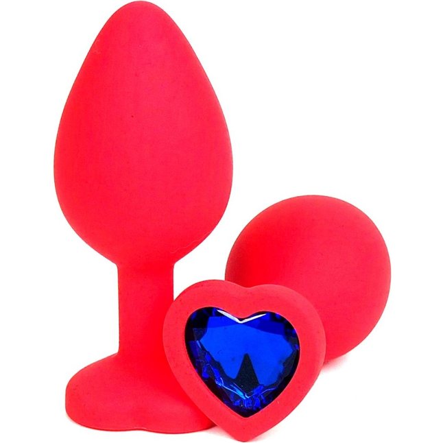Красная силиконовая анальная пробка с синим стразом-сердцем - 10,5 см