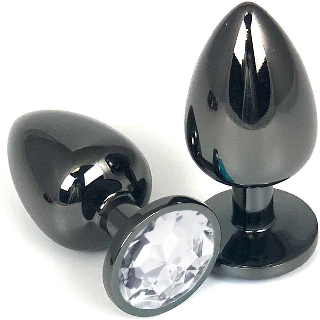 Черная металлическая анальная пробка с прозрачным стразом - 6,5 см