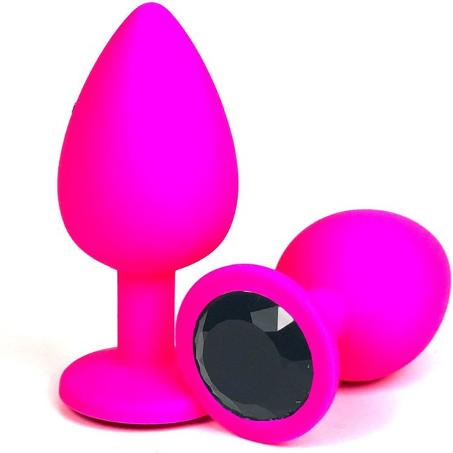 Розовая силиконовая анальная пробка с черным стразом - 9,2 см