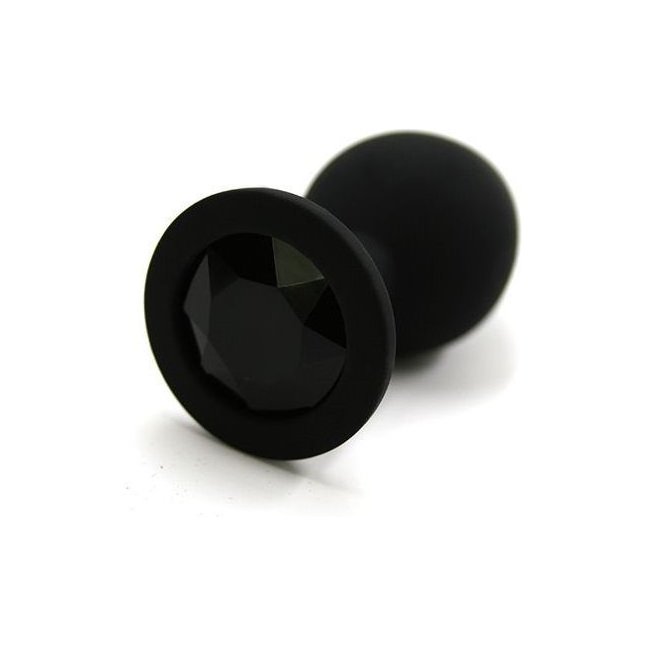 Черная силиконовая анальная пробка с черным стразом - 9,2 см