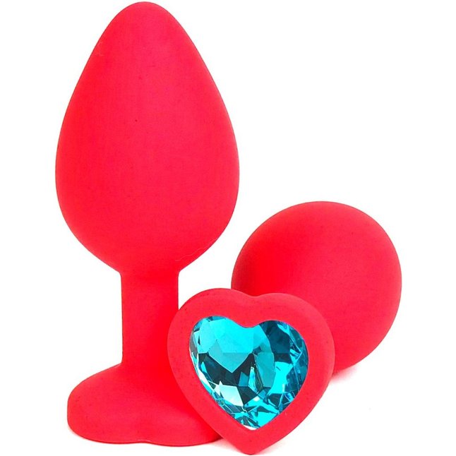 Красная силиконовая анальная пробка с голубым стразом-сердцем - 8,5 см