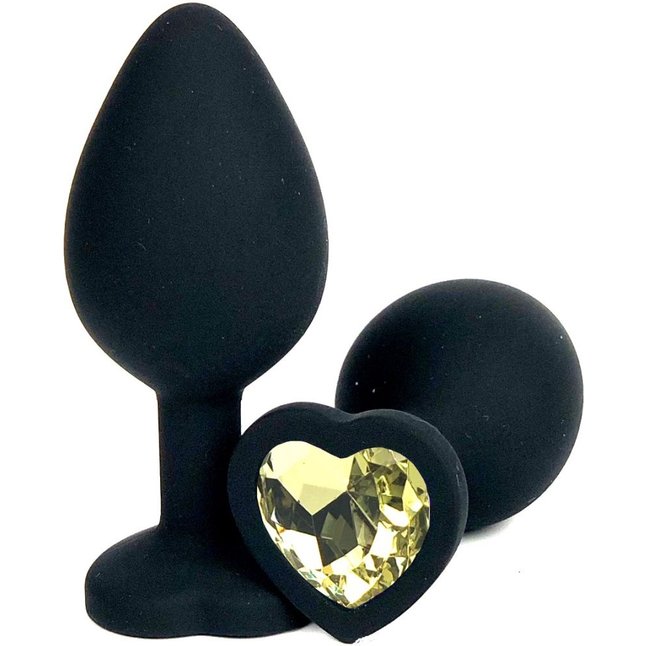 Черная силиконовая пробка с желтым кристаллом-сердцем - 10,5 см