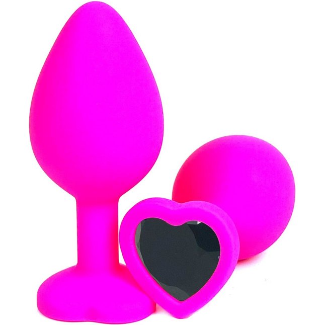 Розовая силиконовая пробка с черным кристаллом-сердцем - 8,5 см