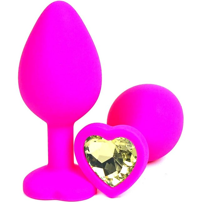 Розовая силиконовая пробка с желтым кристаллом-сердцем - 8,5 см