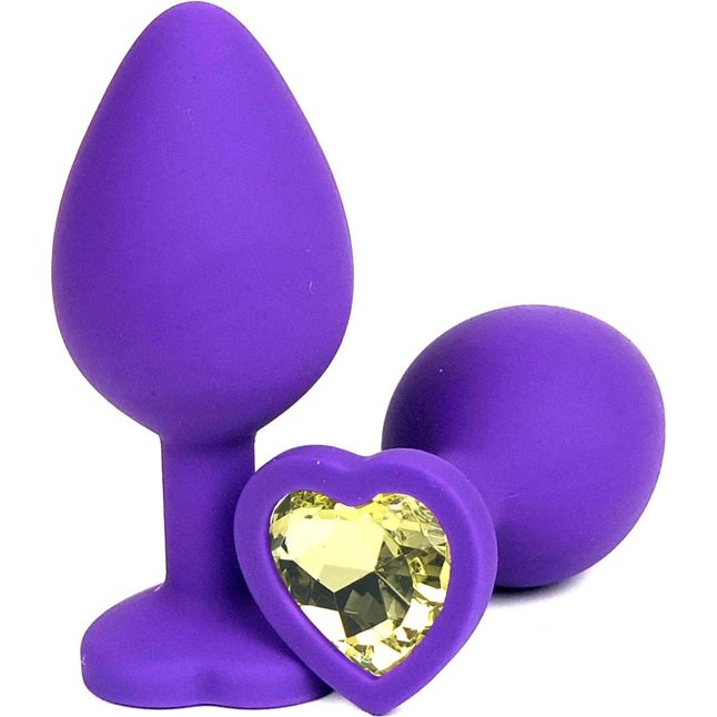 Фиолетовая силиконовая анальная пробка с желтым стразом-сердцем - 8,5 см