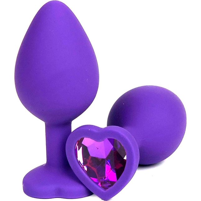 Фиолетовая силиконовая анальная пробка с фиолетовым стразом-сердцем - 10,5 см