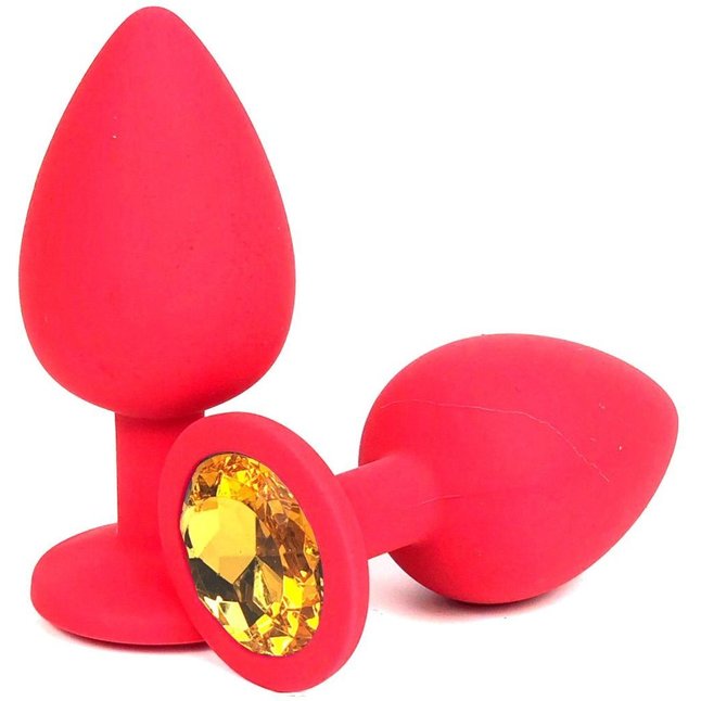 Красная силиконовая анальная пробка с оранжевым стразом - 6,8 см