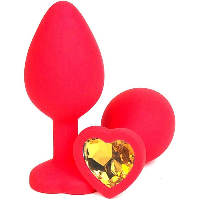 Красная силиконовая анальная пробка с оранжевым стразом-сердцем - 8 см