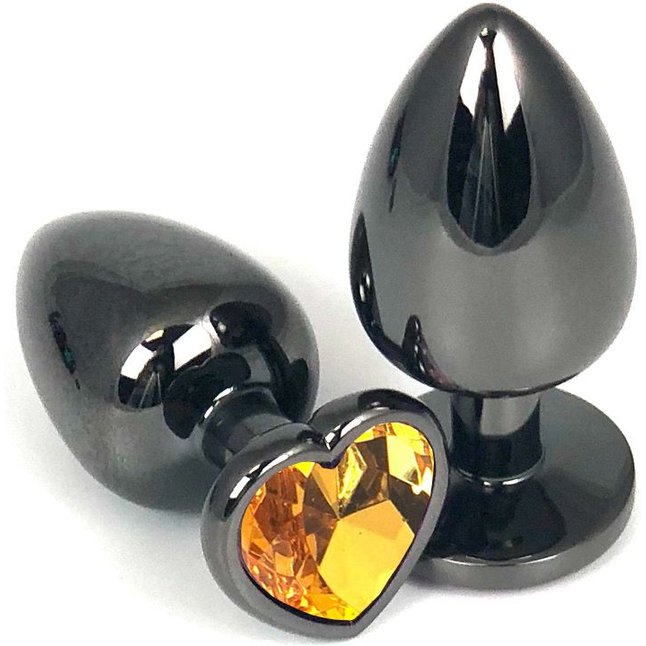 Черная металлическая анальная пробка с оранжевым стразом-сердечком - 6,5 см