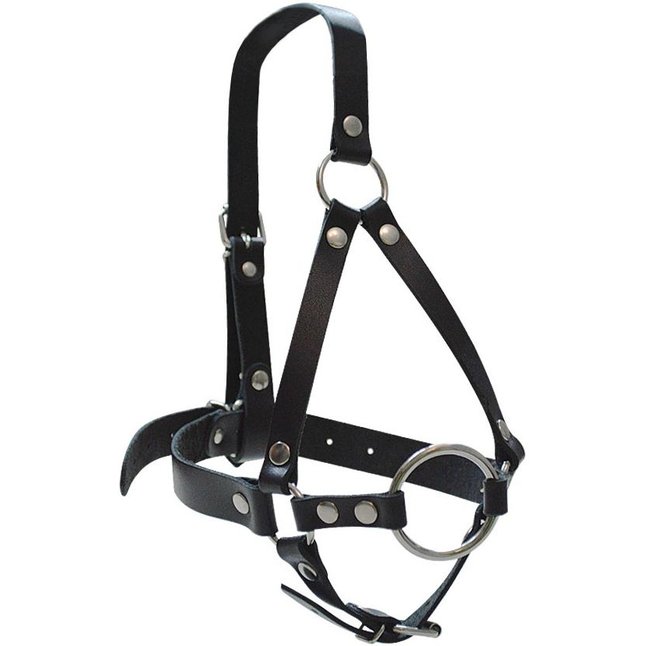 Кляп-рамка со сбруей на голову из черных кожаных ремешков - BDSM accessories
