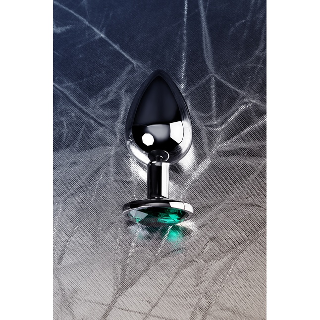 Серебристая коническая анальная втулка с зеленым кристаллом - 9,5 см - Metal. Фотография 7.