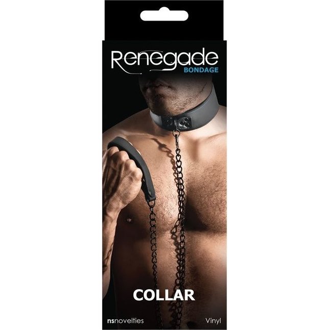 Черный виниловый ошейник Collar на цепочке - Renegade. Фотография 2.
