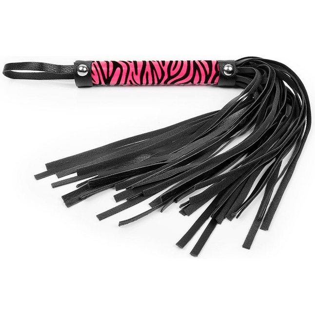 Черная многохвостовая плеть с круглой розовой ручкой-зеброй - 39 см