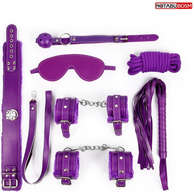 Большой набор БДСМ в фиолетовом цвете: маска, кляп, плётка, ошейник, наручники, оковы, верёвка - NOTABU. Фотография 2.