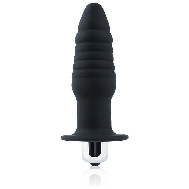 Черная ребристая вибровтулка с ограничителем - 9 см - SEX EXPERT