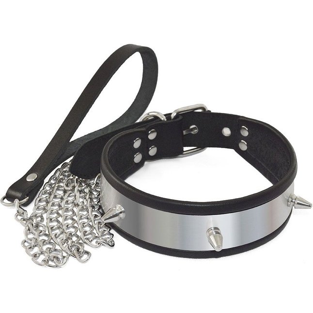 Серебристо-черный ошейник с шипами и поводком - BDSM accessories