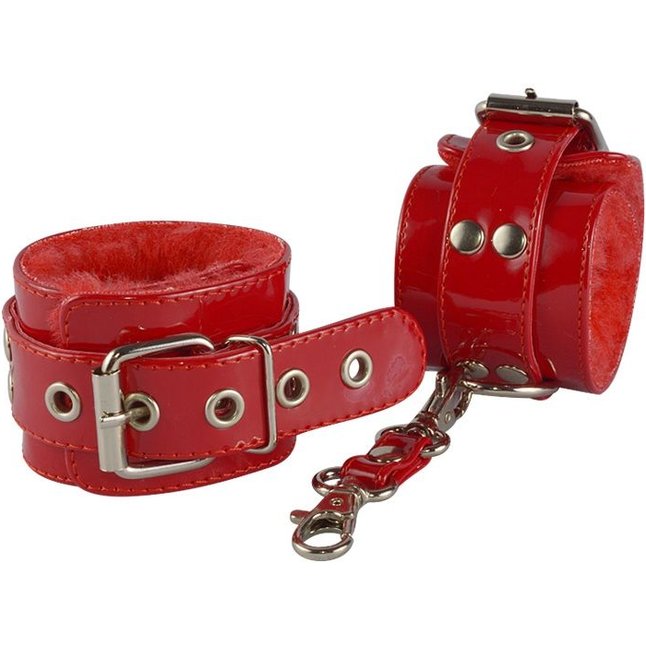 Красные лаковые наручники с меховой отделкой - Gloss
