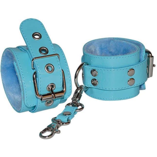 Голубые лаковые наручники с меховой отделкой - Gloss