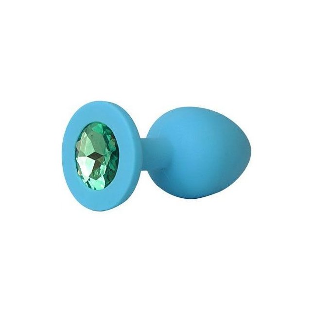 Голубая силиконовая анальная пробка с зеленым кристаллом - 9,5 см - SEXY FRIEND