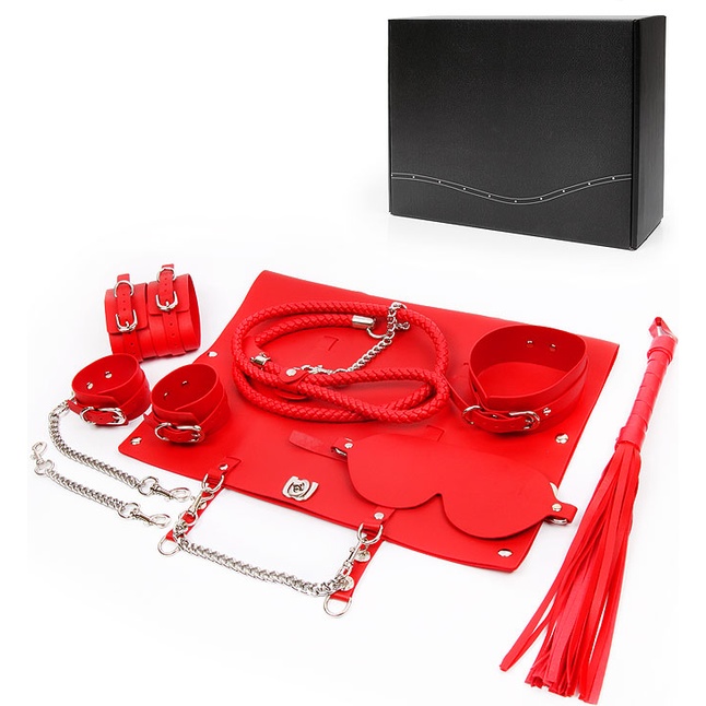 Красный набор БДСМ в сумке: маска, ошейник с поводком, наручники, оковы, плеть - NOTABU. Фотография 2.