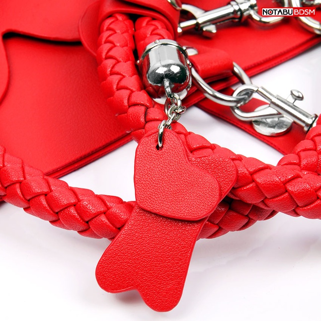 Красный набор БДСМ в сумке: маска, ошейник с поводком, наручники, оковы, плеть - NOTABU. Фотография 4.