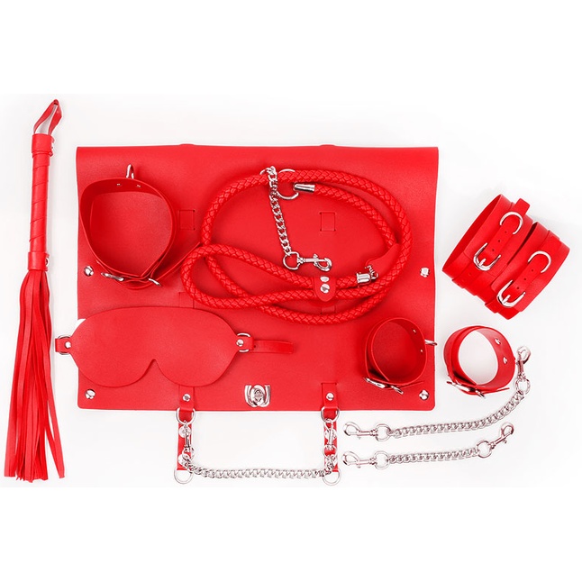 Красный набор БДСМ в сумке: маска, ошейник с поводком, наручники, оковы, плеть - NOTABU