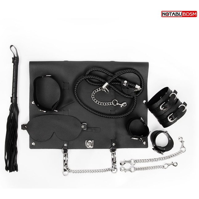 Черный набор БДСМ в сумке: маска, ошейник с поводком, наручники, оковы, плеть - NOTABU