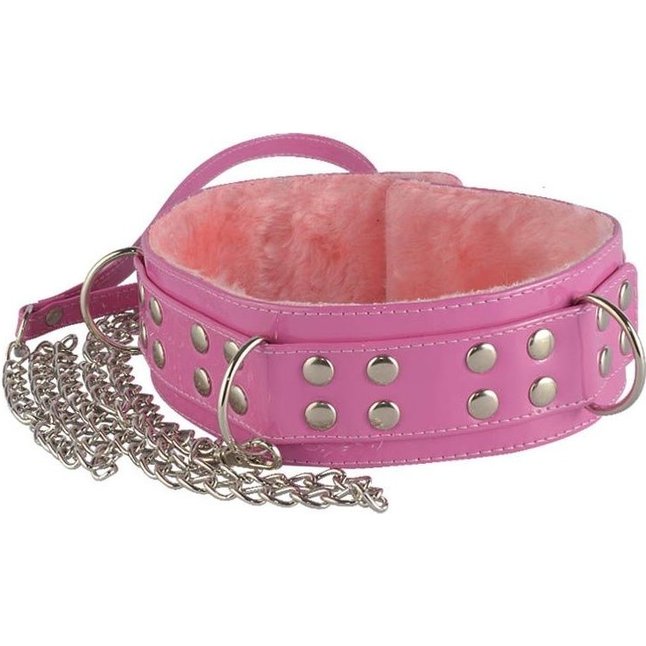 Розовый лаковый ошейник с заклепками и цепочкой - BDSM accessories