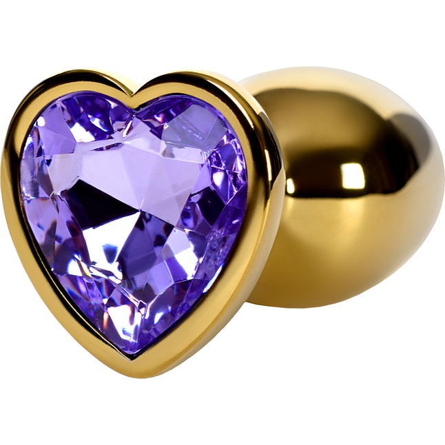 Золотистая анальная втулка с фиолетовым кристаллом-сердечком - 7 см - Metal. Фотография 2.