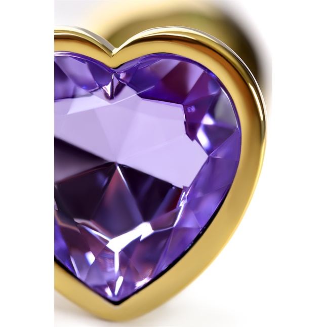 Золотистая анальная втулка с фиолетовым кристаллом-сердечком - 7 см - Metal. Фотография 4.