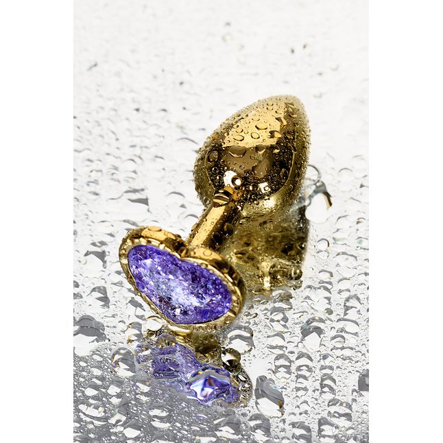 Золотистая анальная втулка с фиолетовым кристаллом-сердечком - 7 см - Metal. Фотография 5.