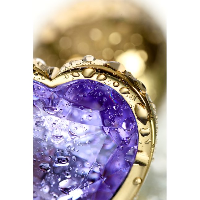Золотистая анальная втулка с фиолетовым кристаллом-сердечком - 7 см - Metal. Фотография 6.