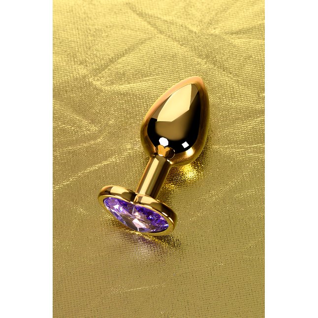 Золотистая анальная втулка с фиолетовым кристаллом-сердечком - 7 см - Metal. Фотография 7.