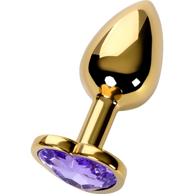 Золотистая анальная втулка с фиолетовым кристаллом-сердечком - 7 см - Metal